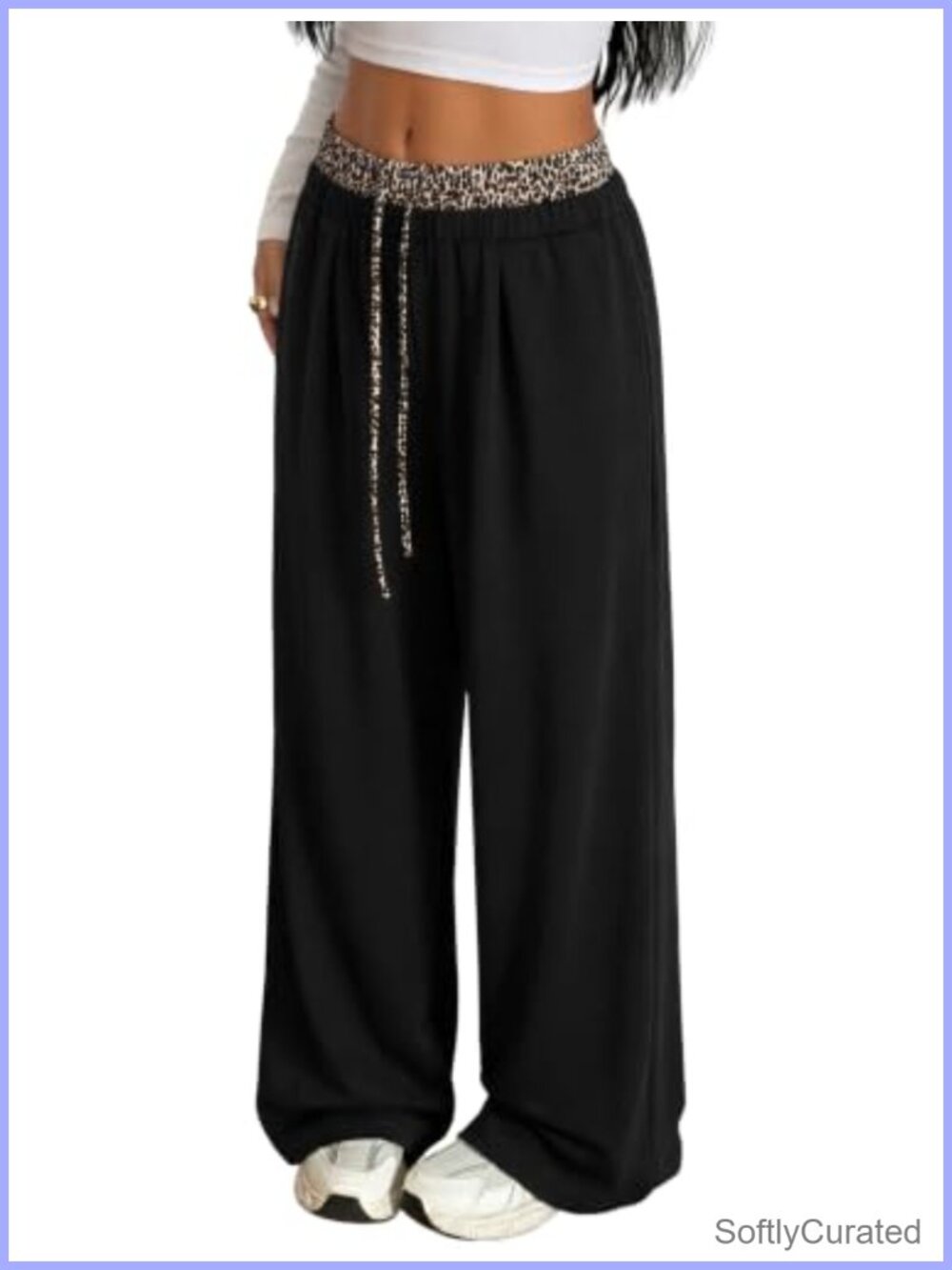 Y2K Wide Leg High Waist Sweatpants with Leopard Drawstring